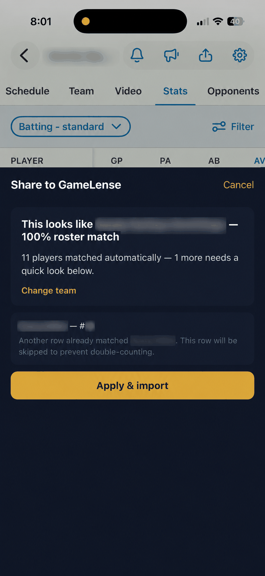 GameLense team and roster review with Apply & import button; names blurred.