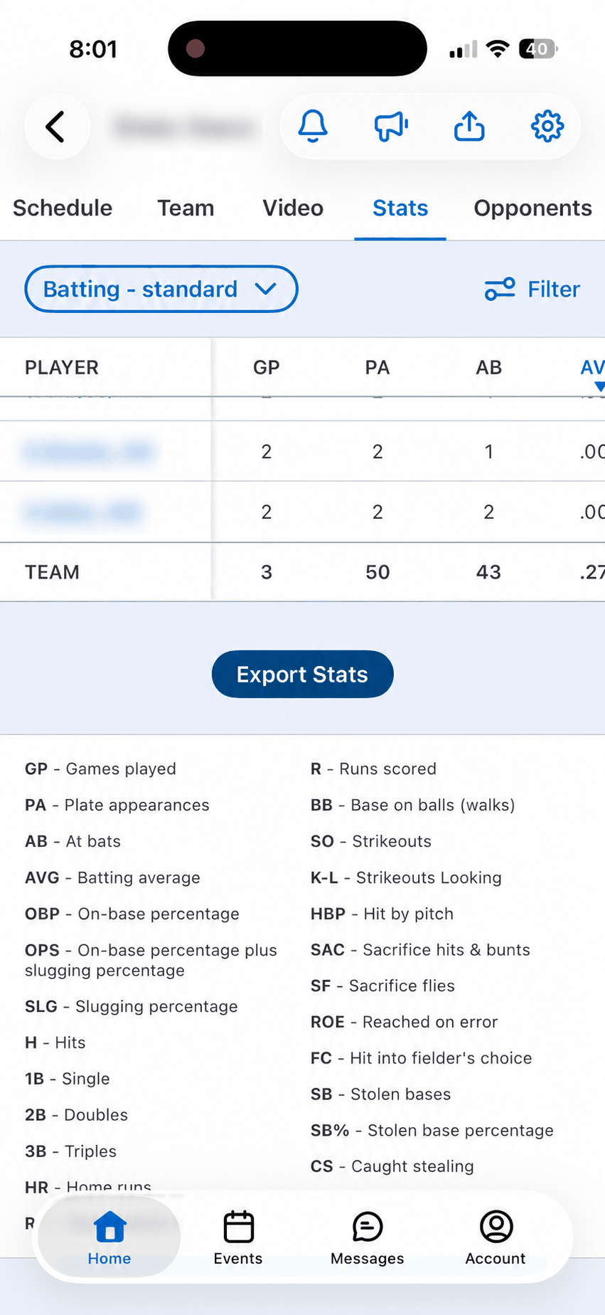 GameChanger Stats screen with the Export Stats button; personal details blurred.