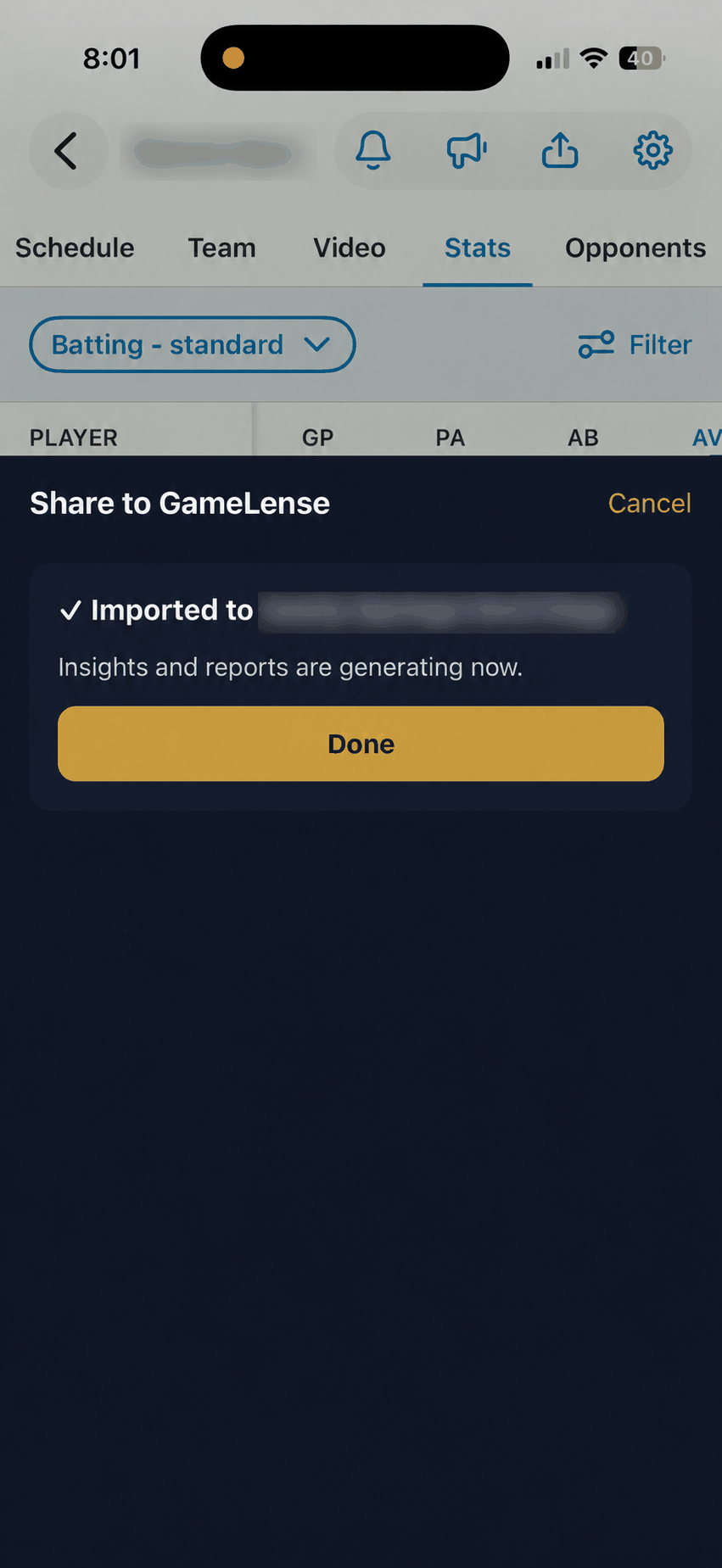 GameLense Imported confirmation; team details blurred.