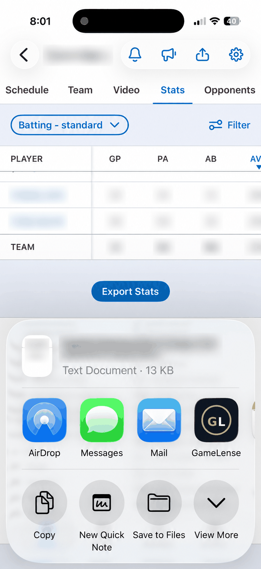 iPhone share sheet showing the GameLense app; contacts blurred.